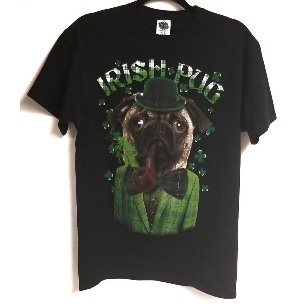Lucky Irish Pug With Bow Tie Plaid Large Print Graphic Tee Novelty Womens Medium